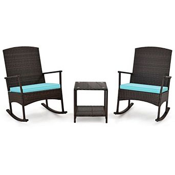 3 pc Patio Rocking Chair Set with Cushions, Glass Top Coffee Table for Porch Balcony Outdoor Seating
