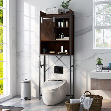 4-tier Multifunctional Toilet Storage Cabinet With Adjustable Shelf And Sliding Barn Door