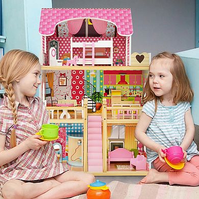 Doll House Playset With 3 Stories And 6 Simulated Rooms And 15 Pieces Of Furniture