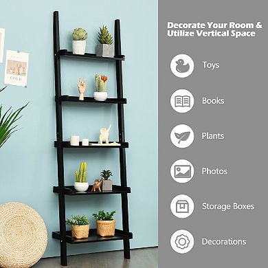 5-tier Wall-leaning Ladder Shelf Display Rack For Plants And Books