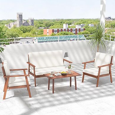 4 Piece Outdoor Acacia Wood Conversation Set With Soft Seat And Back Cushions