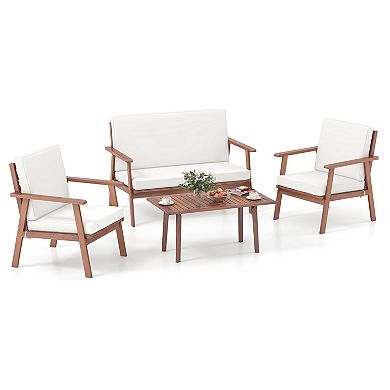 4 Piece Outdoor Acacia Wood Conversation Set With Soft Seat And Back Cushions