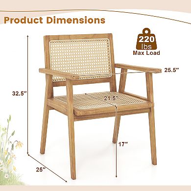 Outdoor Wood Chair With Rattan Seat And Curved Backrest For Backyard Porch Balcony