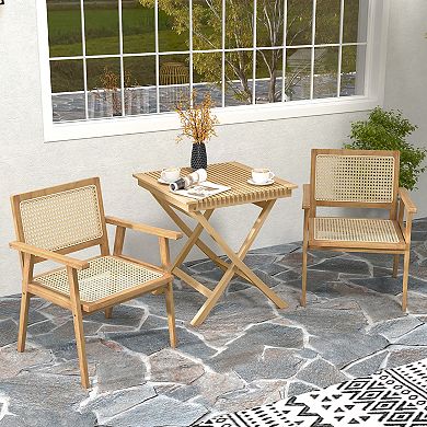 Outdoor Wood Chair With Rattan Seat And Curved Backrest For Backyard Porch Balcony