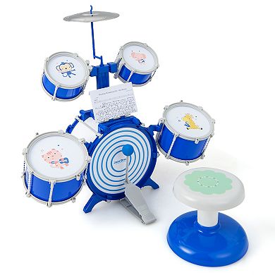 Kids Drum Set Educational Percussion Musical Instrument Toy With Bass Drum-blue