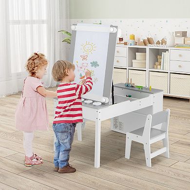 2-in-1 Kids Wooden Art Table And Art Easel Set With Chairs Storage Bins Paper Roll-Grey