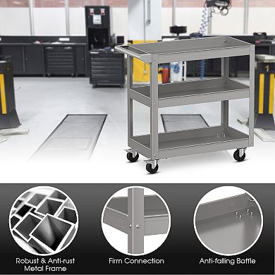 3-tier Metal Utility Cart Trolley Tool With Flat Handle And 2 Lockable Universal Wheels