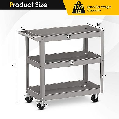 3-tier Metal Utility Cart Trolley Tool With Flat Handle And 2 Lockable Universal Wheels