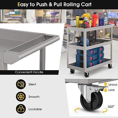 3-tier Metal Utility Cart Trolley Tool With Flat Handle And 2 Lockable Universal Wheels