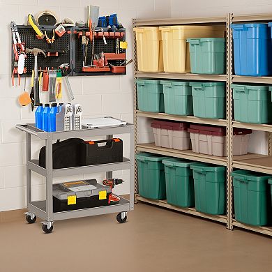 3-tier Metal Utility Cart Trolley Tool With Flat Handle And 2 Lockable Universal Wheels