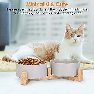 28.7oz, Double Ceramic Pet Bowls With Wooden Stand