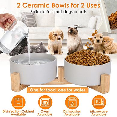 28.7oz, Double Ceramic Pet Bowls With Wooden Stand