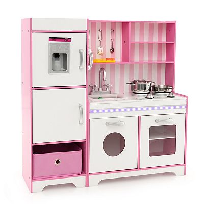 Kids Kitchen Playset Wooden Toy With Adjustable Led Lights And