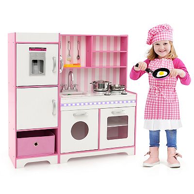 Kids Kitchen Playset Wooden Toy With Adjustable Led Lights And