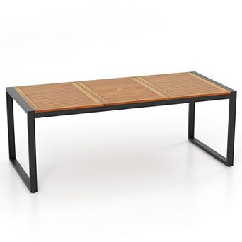 Outdoor Patio Dining Table for 8, Acacia Wood Slat Top with Umbrella Hole, Backyard Deck Furniture