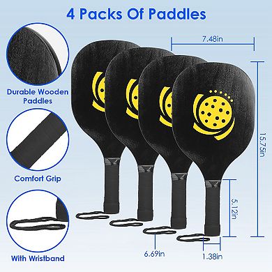 22 Ft, Black, Complete Portable Pickleball Net With 4 Pickleballs, 4 Paddles, Carrying Bag