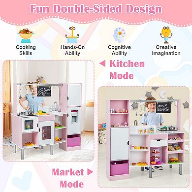 2-in-1 Double-sided Kids Kitchen And Market With Realistic Light And Sound