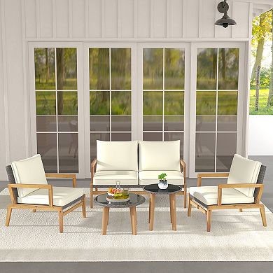 5 Piece Rattan Furniture Set Wicker Woven Sofa Set With 2 Tempered Glass Coffee Tables-off White