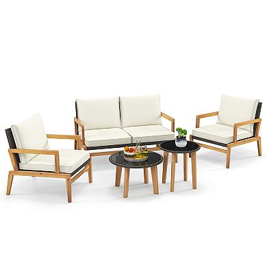 5 Piece Rattan Furniture Set Wicker Woven Sofa Set With 2 Tempered Glass Coffee Tables-off White