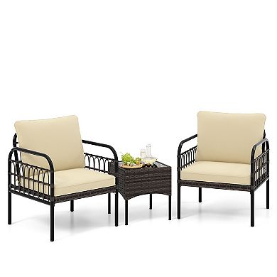 3 Pieces Patio Wicker Conversation Set With Cushions And Tempered Glass Coffee Table-Beige