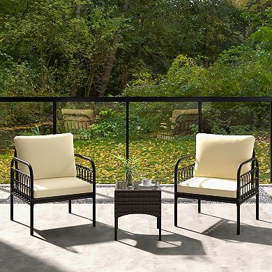 3 Pieces Patio Wicker Conversation Set With Cushions And Tempered Glass Coffee Table-Beige