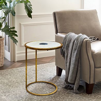 20 Inch Round Side End Table, White Marble Top With Blue Agate Stone, Gold Foil Finish Iron Frame