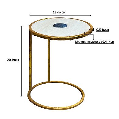 20 Inch Round Side End Table, White Marble Top With Blue Agate Stone, Gold Foil Finish Iron Frame