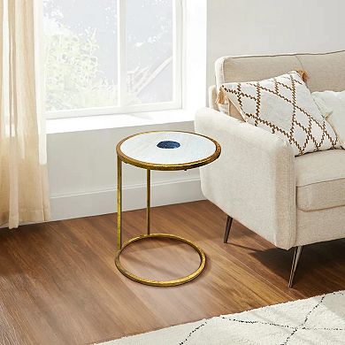 20 Inch Round Side End Table, White Marble Top With Blue Agate Stone, Gold Foil Finish Iron Frame