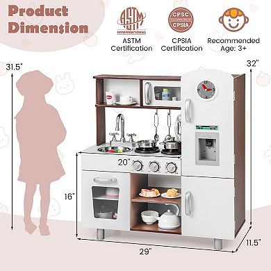 Kids Kitchen Playset With Realistic Sounds And Lights-White and Brown