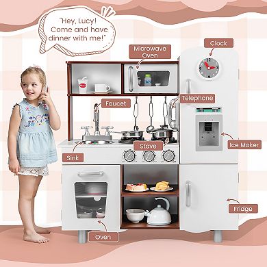 Kids Kitchen Playset With Realistic Sounds And Lights-White and Brown