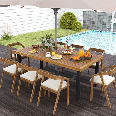 79 Acacia Wood Dining Table 8 person Patio Table With 1.9 Umbrella Hole And Adjustable Foot