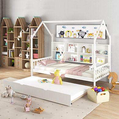 Kids Montessori Daybed With Roof And Shelf Compartments