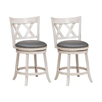 2 pc Counter Height Stools Rubber Wood Frame 360 Degree Rotation PU Cushioned Seat with Backrest