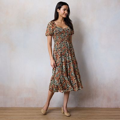 knee length dresses for ladies Sugarlips Puff Sleeve Tropical Tiered Midi Dress main image 1