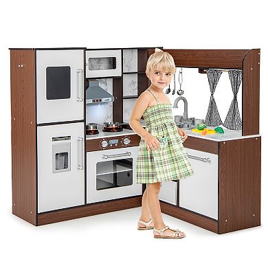 Wooden Corner Play Kitchen With Water Circulation System And Lights-Brown