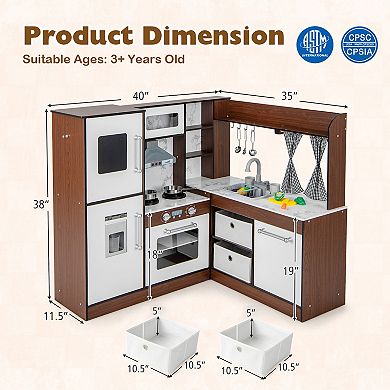 Wooden Corner Play Kitchen With Water Circulation System And Lights-Brown