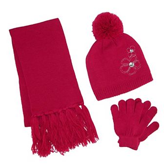 Climazer0 Girl's Flower Beanie Hat Scarf And Gloves Winter Set