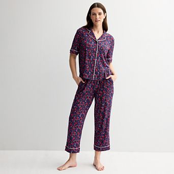 Women's Draper James 2 pc Cozy Elbow Sleeve Notch Pajama Top and Pajama Pants Set