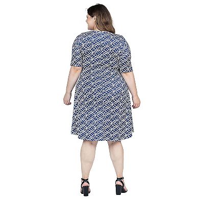 Plus Size 24Seven Comfort Geometric Print Knee Length Elbow Sleeve Dress