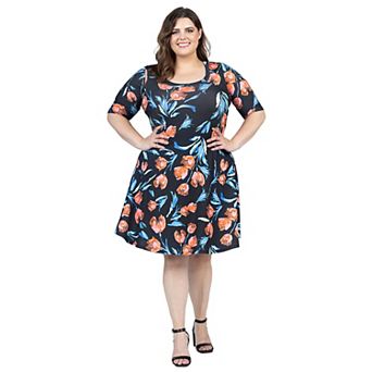 Plus Size 24Seven Comfort Apparel Geometric Print Knee Length Elbow Sleeve Dress