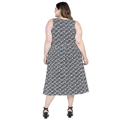 Plus Size 24Seven Comfort Apparel Midi Length Multicolor Sleeveless Pleated Pocket Dress