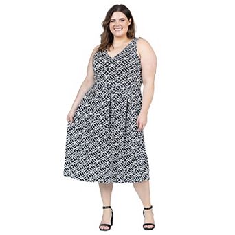 Plus Size 24Seven Comfort Apparel Midi Length Multicolor Sleeveless Pleated Pocket Dress