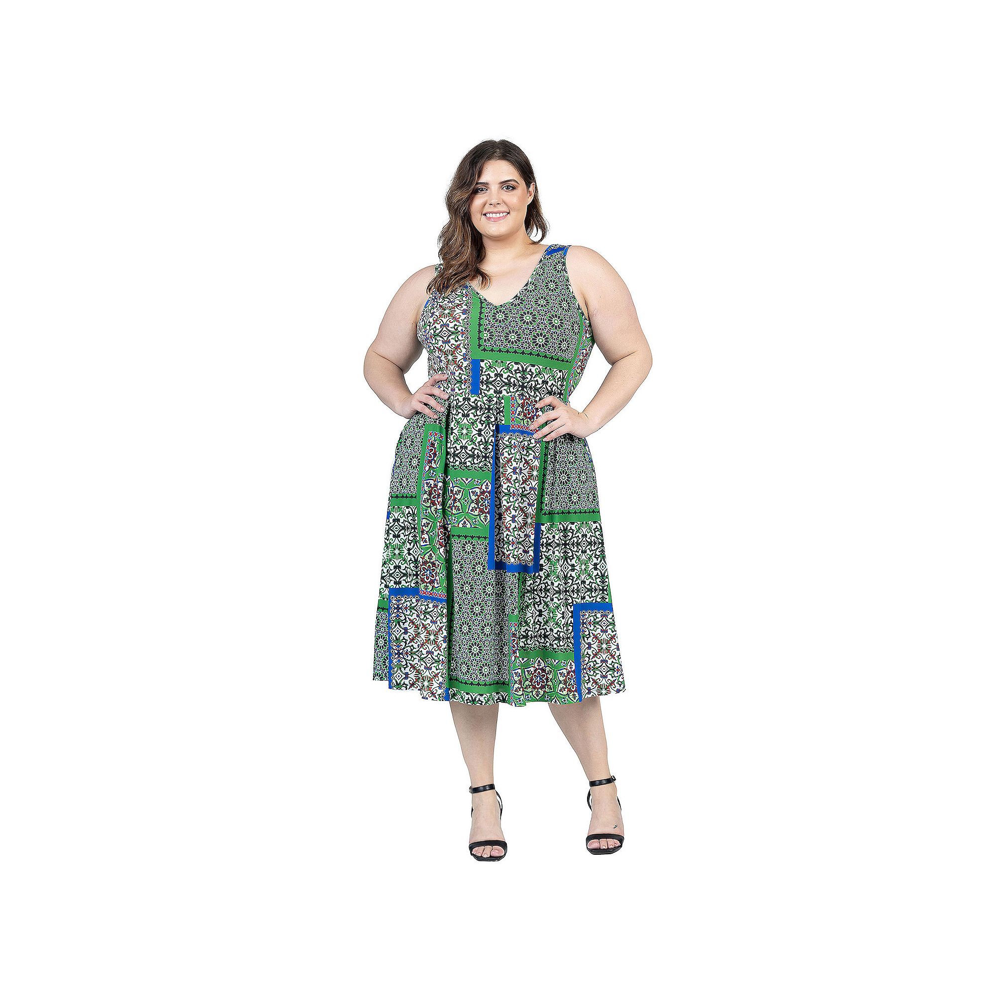 Plus Size 24Seven Comfort Apparel Midi Length Multicolor Sleeveless Pleated