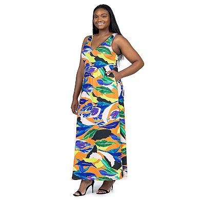Plus Size 24Seven Comfort Multicolor Sleeveless V Neck Maxi Dress With Pockets