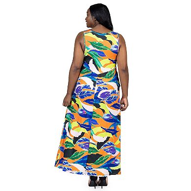 Plus Size 24Seven Comfort Multicolor Sleeveless V Neck Maxi Dress With Pockets