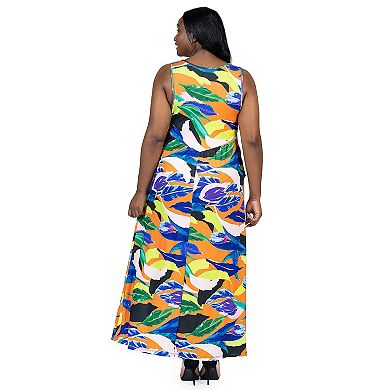 Plus Size 24Seven Comfort Apparel Multicolor Sleeveless V Neck Maxi Dress With Pockets
