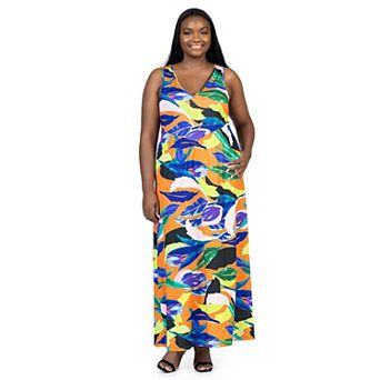 Plus Size 24Seven Comfort Apparel Multicolor Sleeveless V Neck Maxi Dress With Pockets