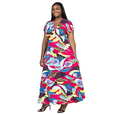 Plus Size 24Seven Comfort Oversized V Neck Empire Waist Kimono Cap Sleeve Maxi Dress