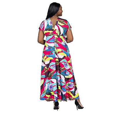 Plus Size 24Seven Comfort Apparel Oversized V Neck Empire Waist Kimono Cap Sleeve Maxi Dress