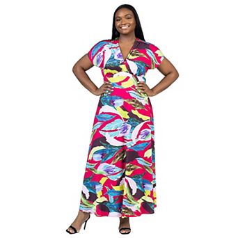 Plus Size 24Seven Comfort Apparel Oversized V Neck Empire Waist Kimono Cap Sleeve Maxi Dress